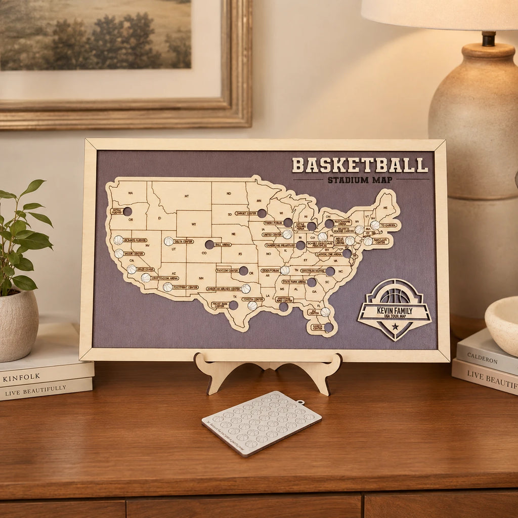 Personalized Basketball Arena Tracker Map – Vintage Brown Background
