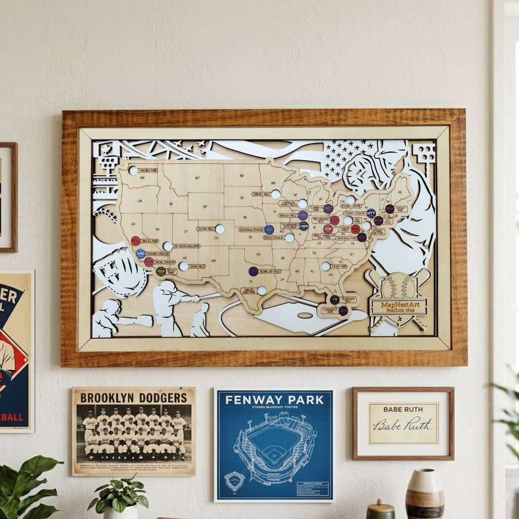 Personalized Wooden MLB Stadium Map with Engraved Nameplate & Colorful Team Pins - Mappae Pilot