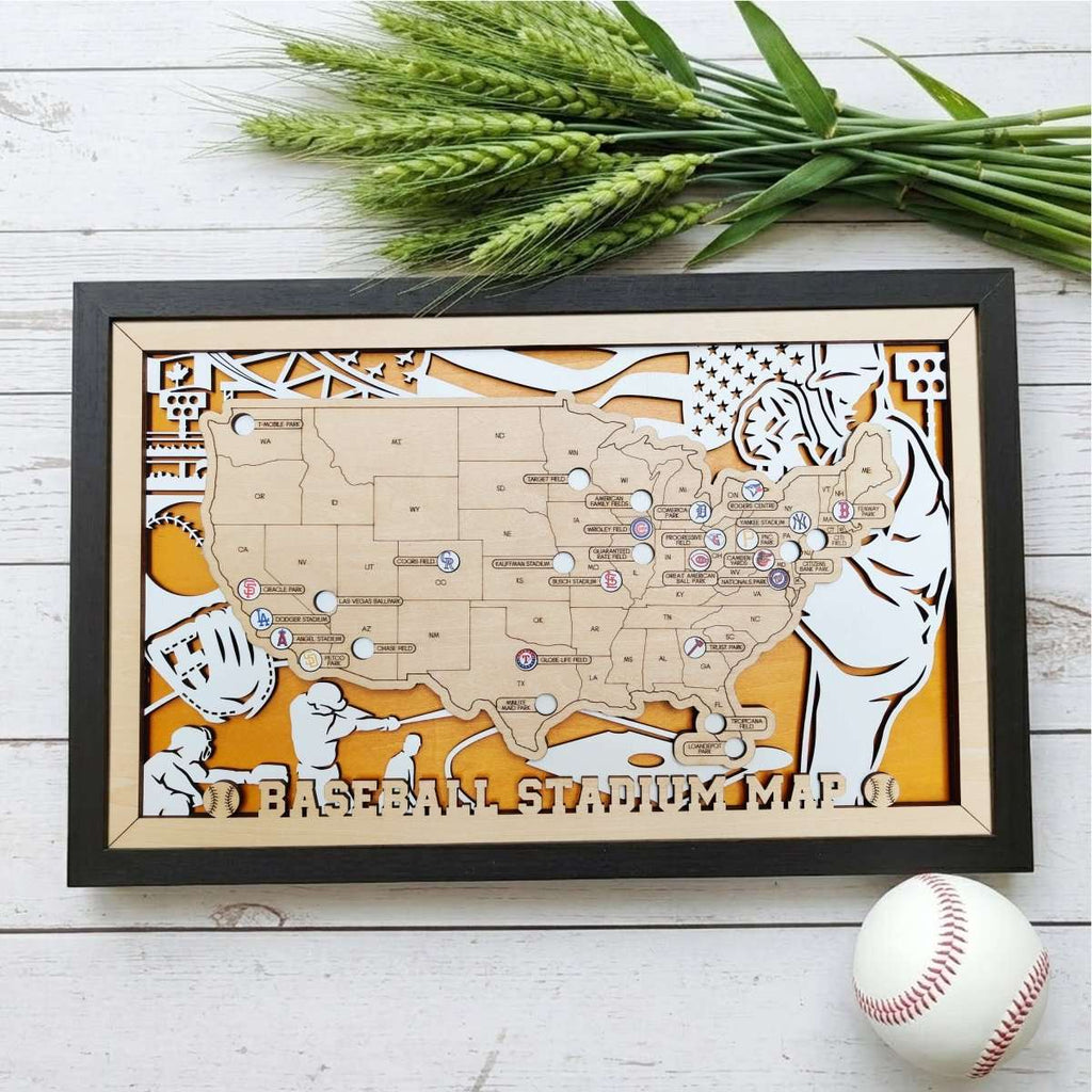 Custom Team Color Wooden MLB Stadium Map with Team Logo Pins - Mappae Pilot