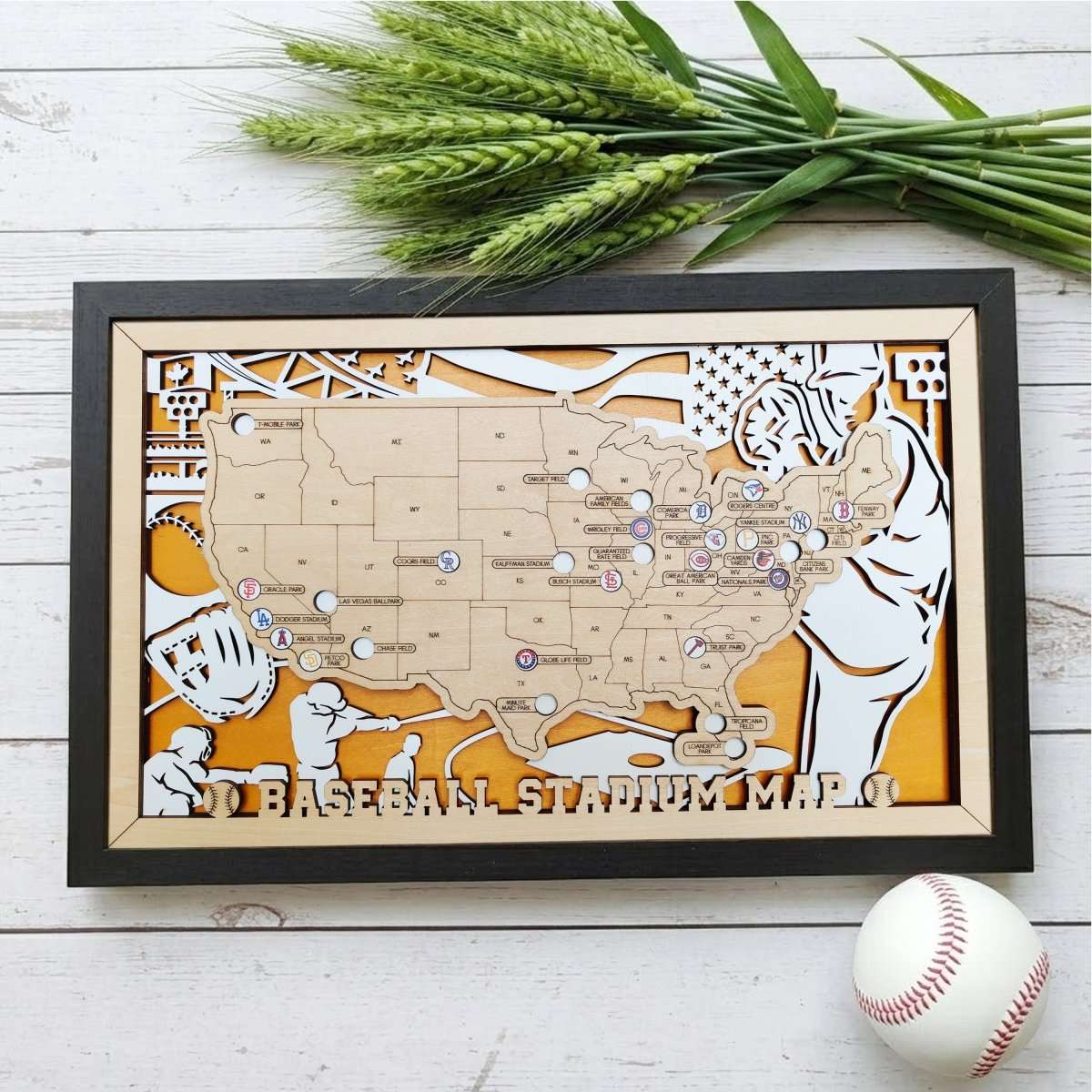Custom Team Color Wooden MLB Stadium Map with Team Logo Pins - Mappae Pilot