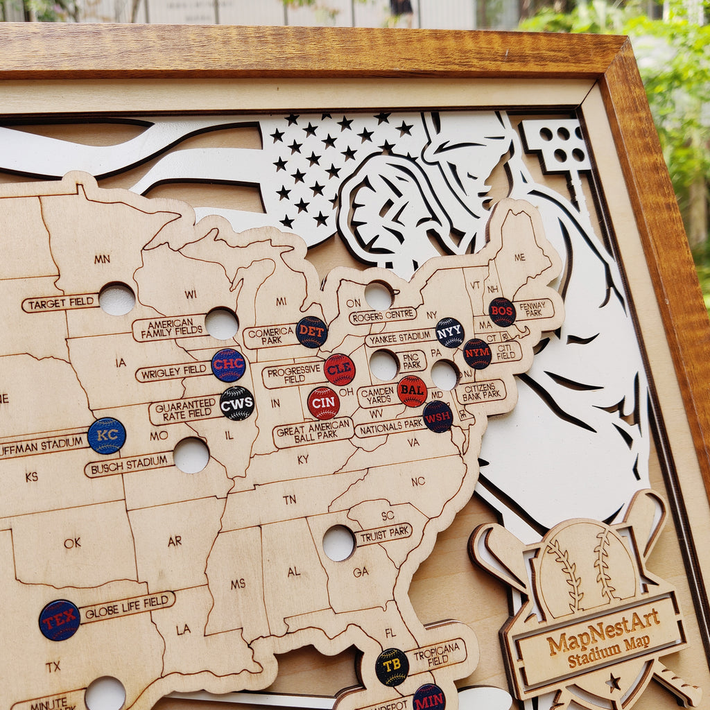 Personalized Wooden MLB Stadium Map with Engraved Nameplate & Colorful Team Pins