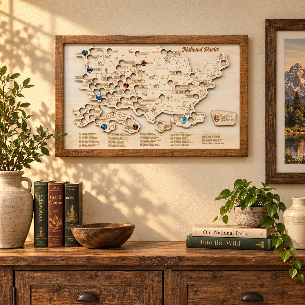 Wooden US National Parks Map - Explore More Sign With Color Pin