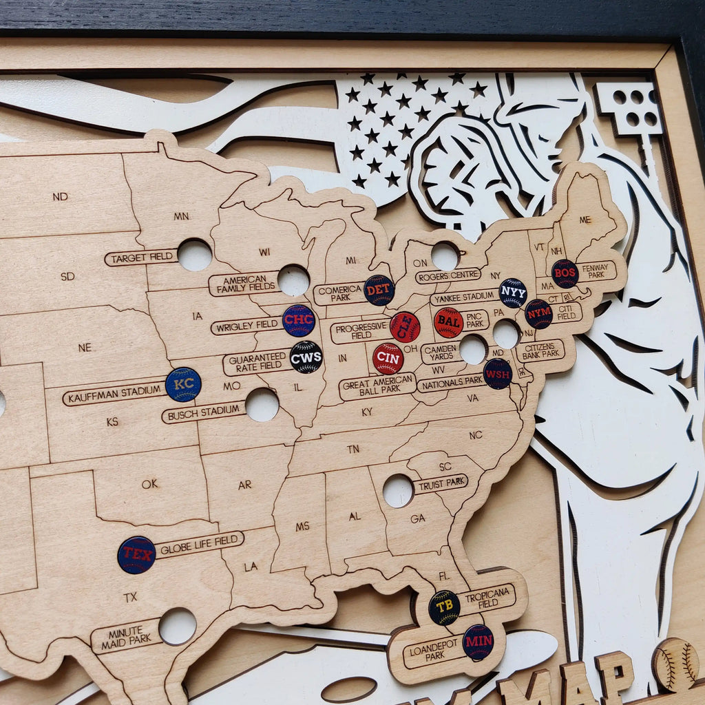 Personalized Wooden MLB Stadium Map with Colorful MLB Team Pins