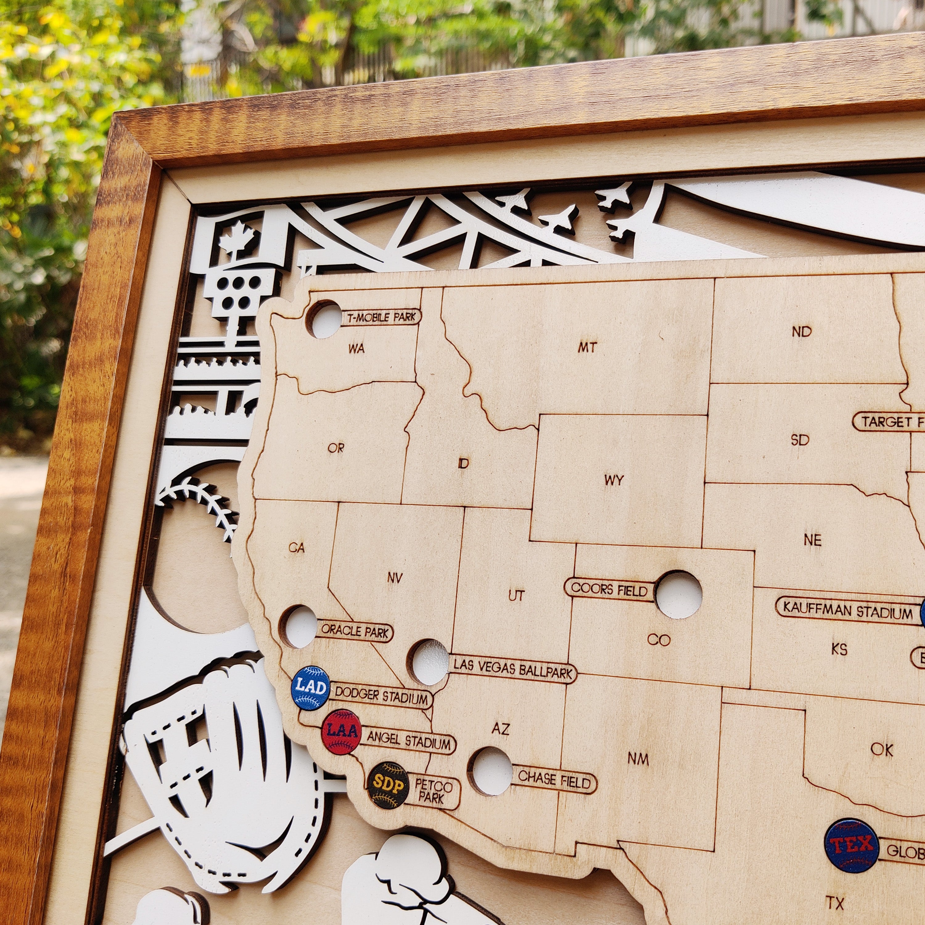 Personalized Wooden MLB Stadium Map with Engraved Nameplate & Colorful Team Pins