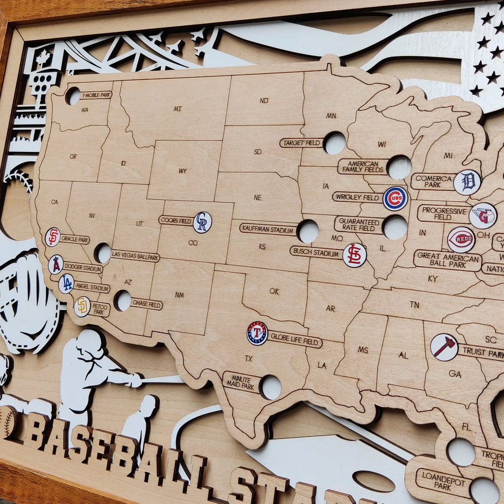 Personalized Wooden MLB Stadium Map with Colorful MLB Team Logo Pins