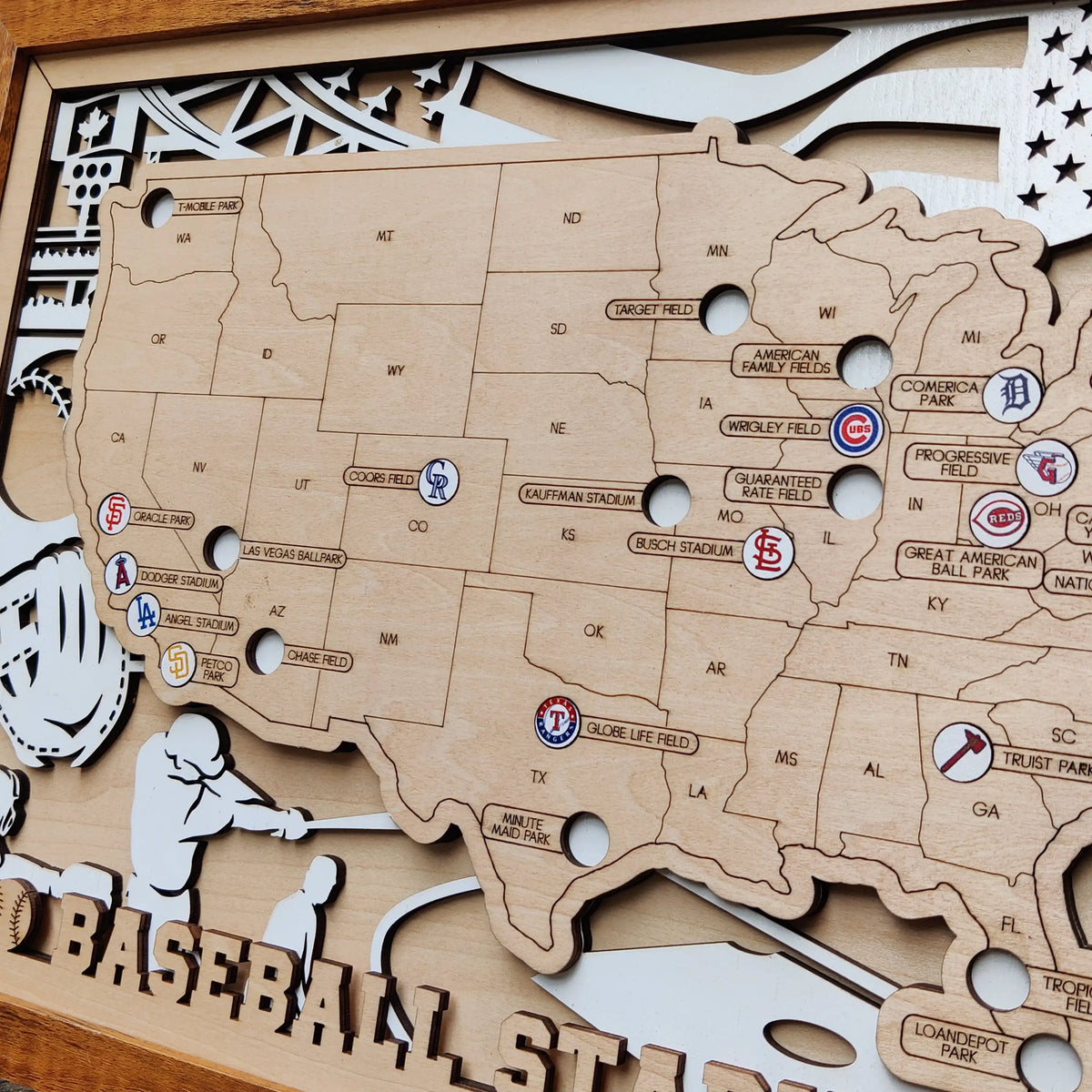 Personalized Wooden MLB Stadium Map with Colorful MLB Team Logo Pins