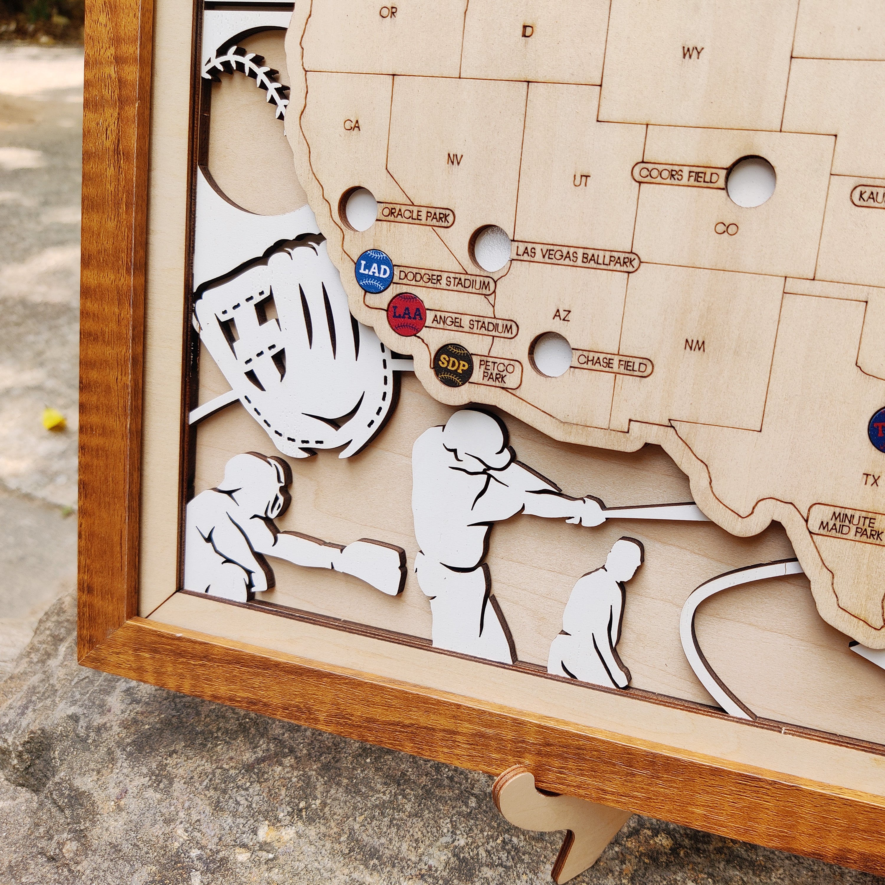 Personalized Wooden MLB Stadium Map with Engraved Nameplate & Colorful Team Pins