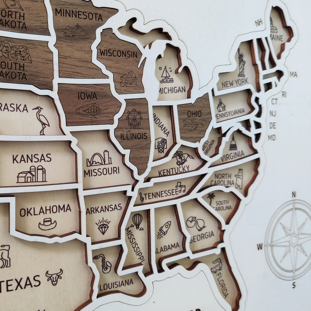 3D Wooden USA Puzzle Map Wall Art - 50 States Push Pin Travel Tracker Board