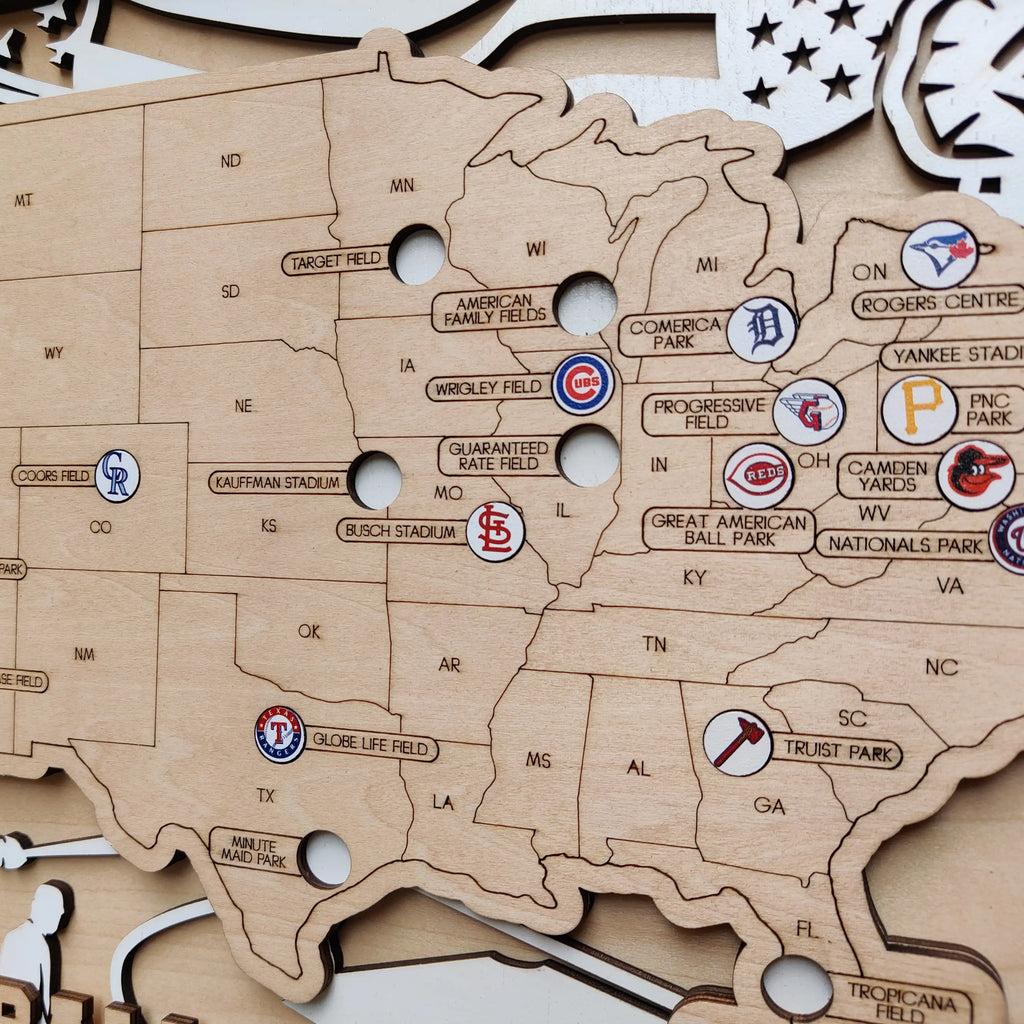 Personalized Wooden MLB Stadium Map with Colorful MLB Team Logo Pins