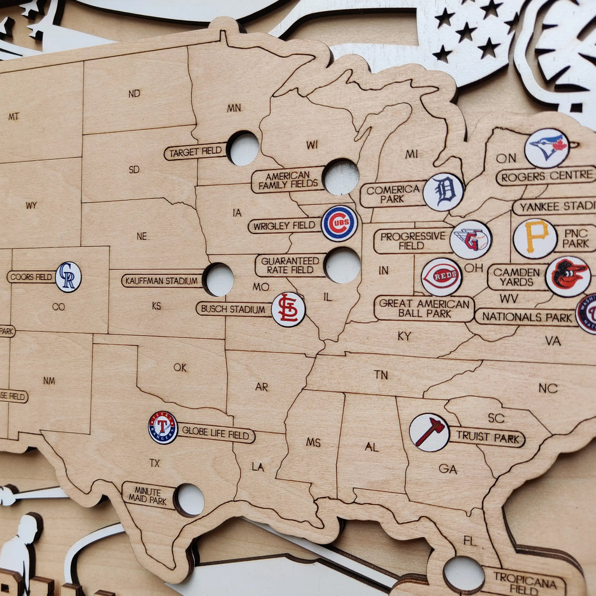 Personalized Wooden MLB Stadium Map with Colorful MLB Team Logo Pins