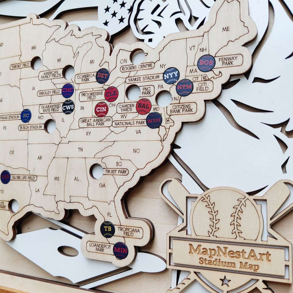 Personalized Wooden MLB Stadium Map with Engraved Nameplate & Colorful Team Pins - Mappae Pilot