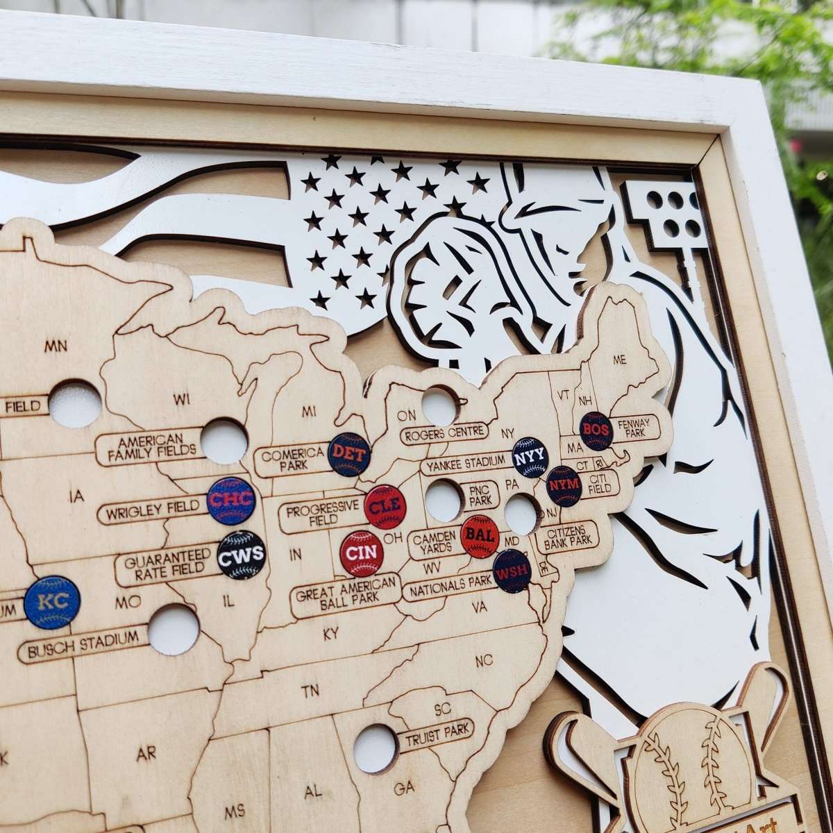 Personalized Wooden MLB Stadium Map with Engraved Nameplate & Colorful Team Pins - Mappae Pilot