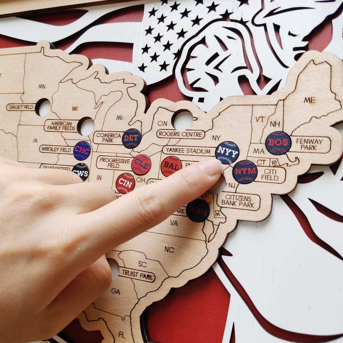 Custom Team Color Wooden MLB Stadium Map with Team Pins - Mappae Pilot