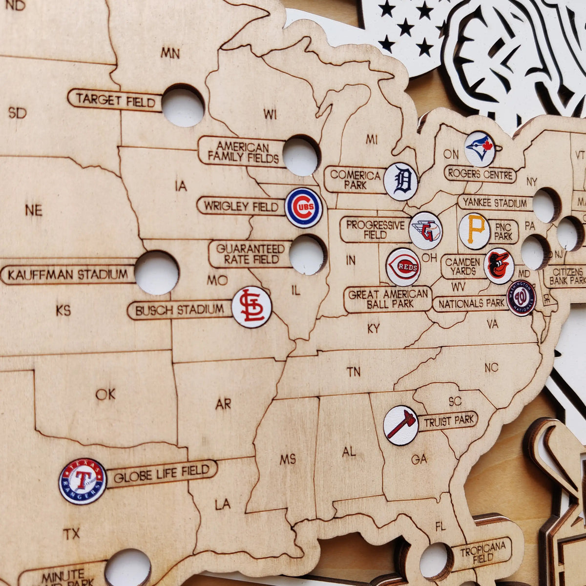 Personalized Wooden MLB Stadium Map with Engraved Nameplate & Team Logo Pins