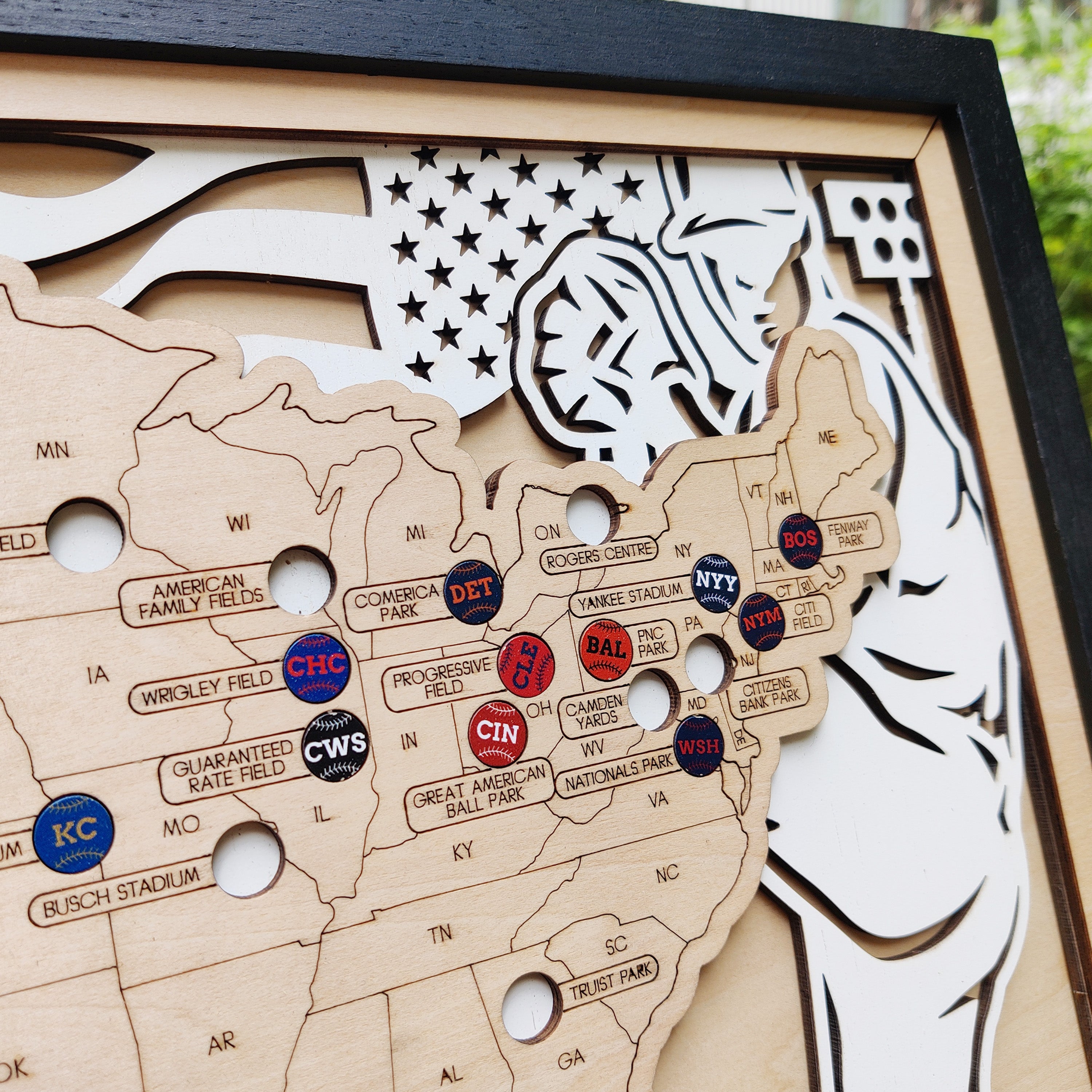 Personalized Wooden MLB Stadium Map with Colorful MLB Team Pins