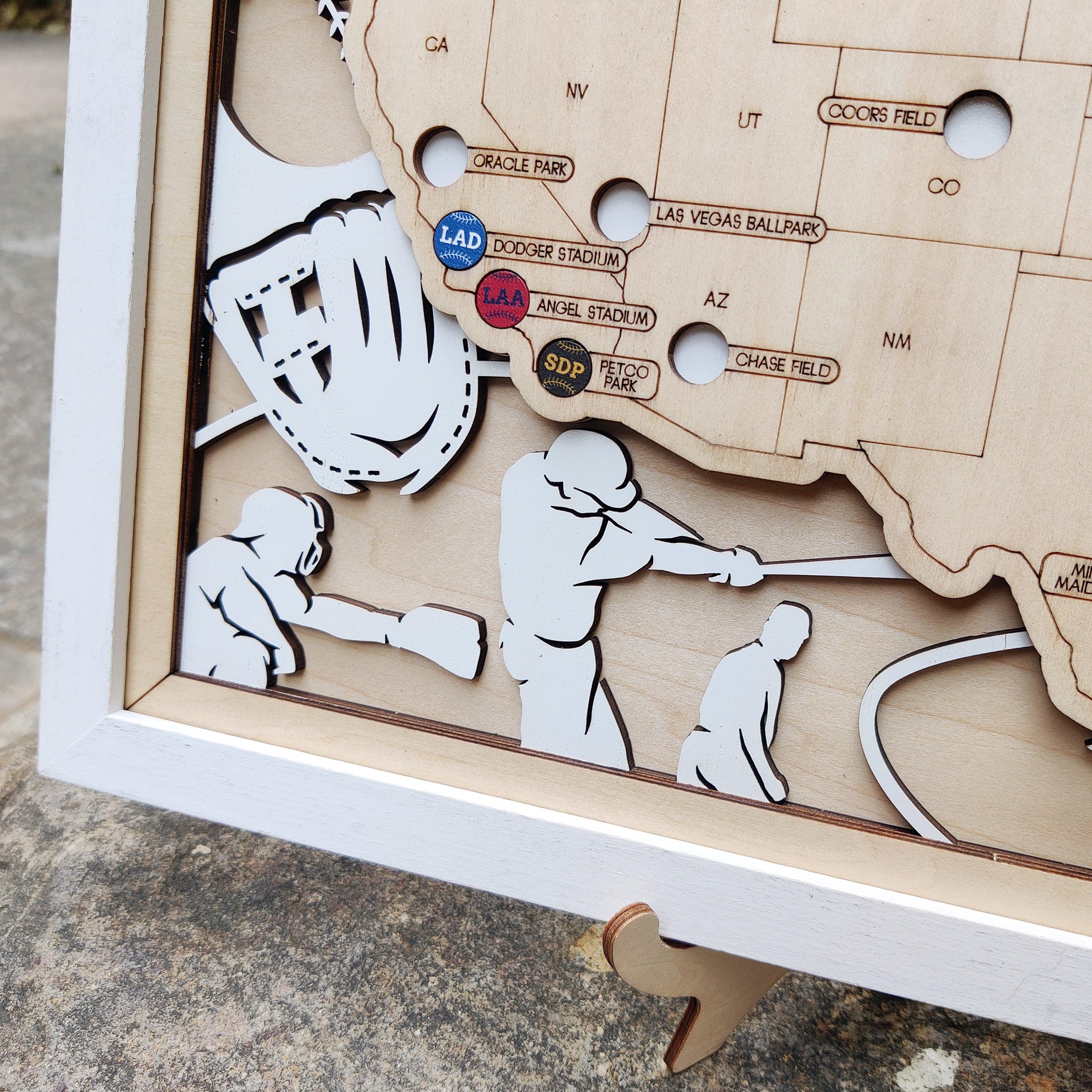 Personalized Wooden MLB Stadium Map with Engraved Nameplate & Colorful Team Pins