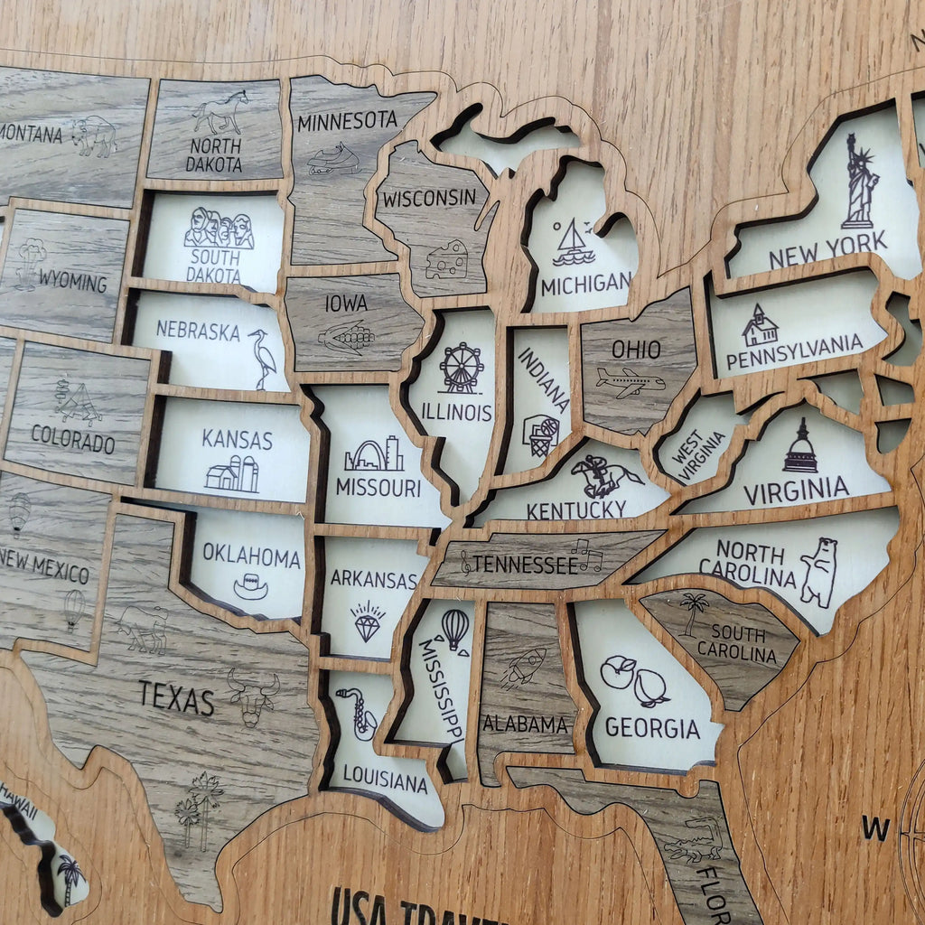 3D Wooden USA Travel Map - Personalized Road Trip Gift & RV Camper Wall Decor