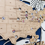 Custom Team Color Wooden MLB Stadium Map with Team Logo Pins