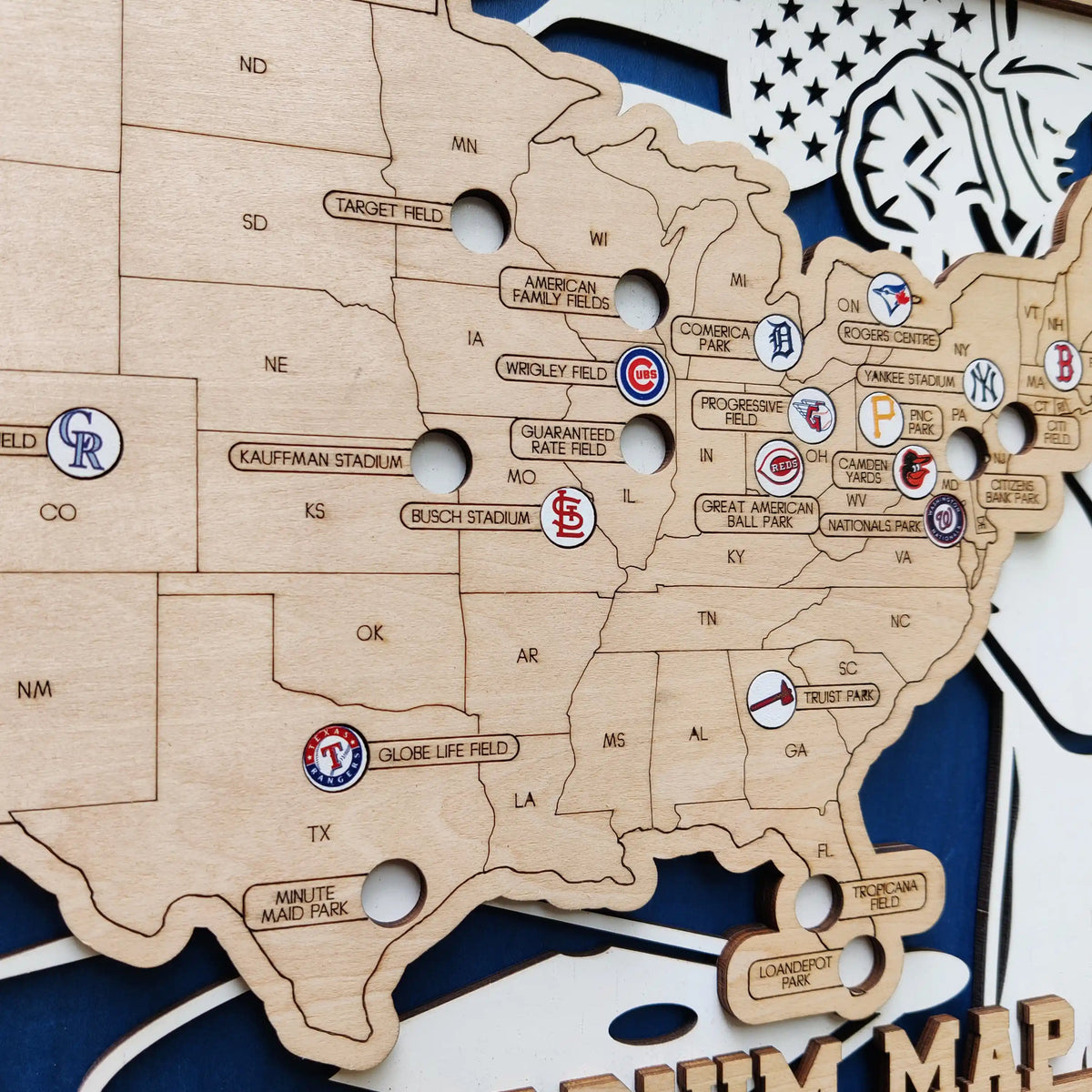 Custom Team Color Wooden MLB Stadium Map with Team Logo Pins