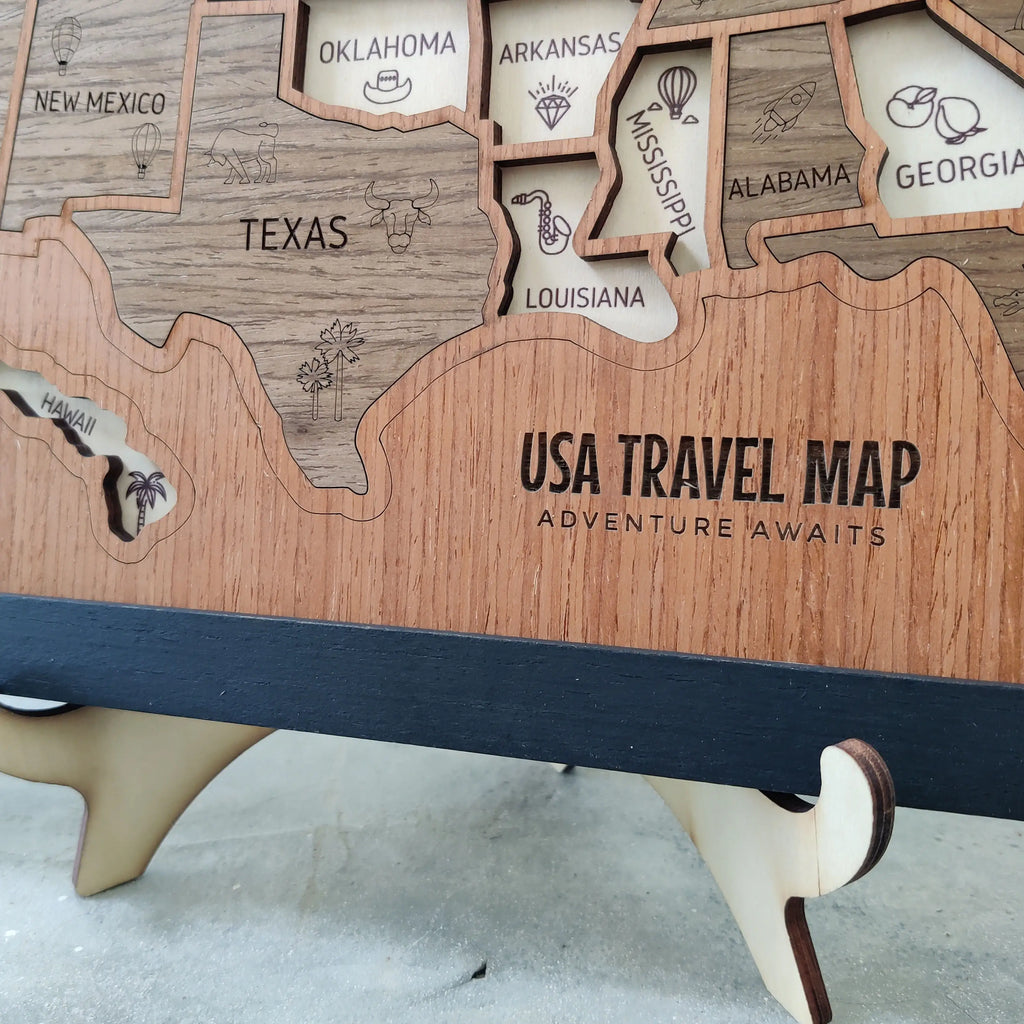 3D Wooden USA Travel Map - Personalized Road Trip Gift & RV Camper Wall Decor