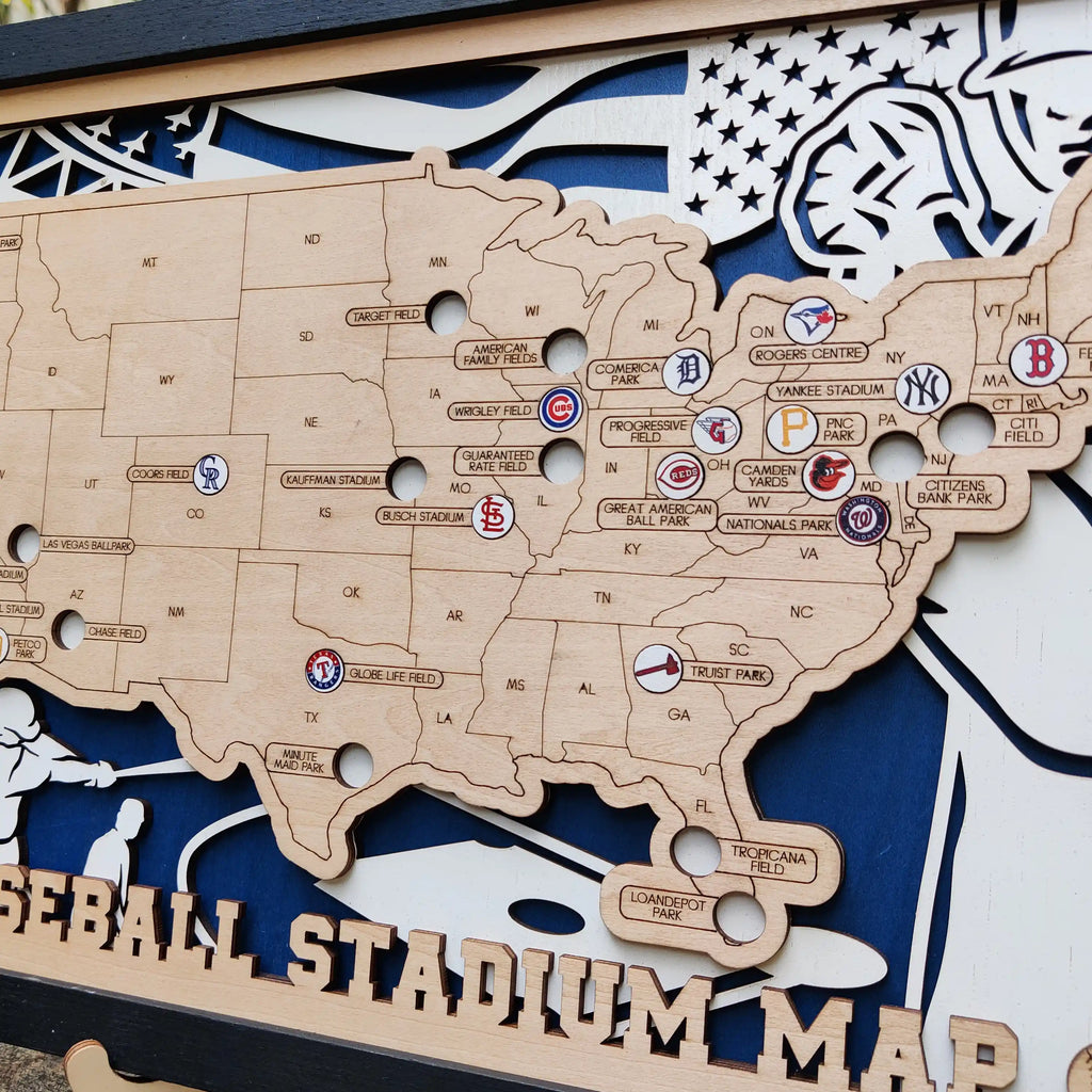 Custom Team Color Wooden MLB Stadium Map with Team Logo Pins