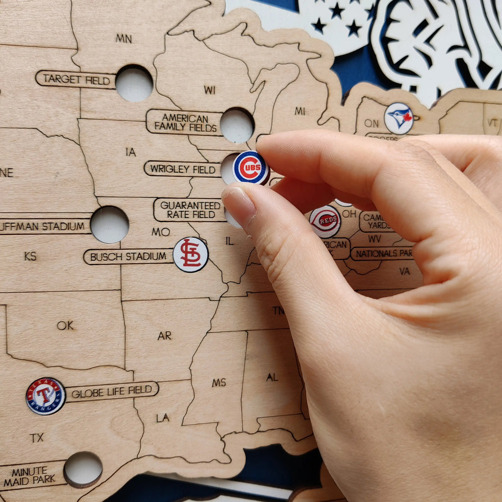 Custom Team Color Wooden MLB Stadium Map with Team Logo Pins
