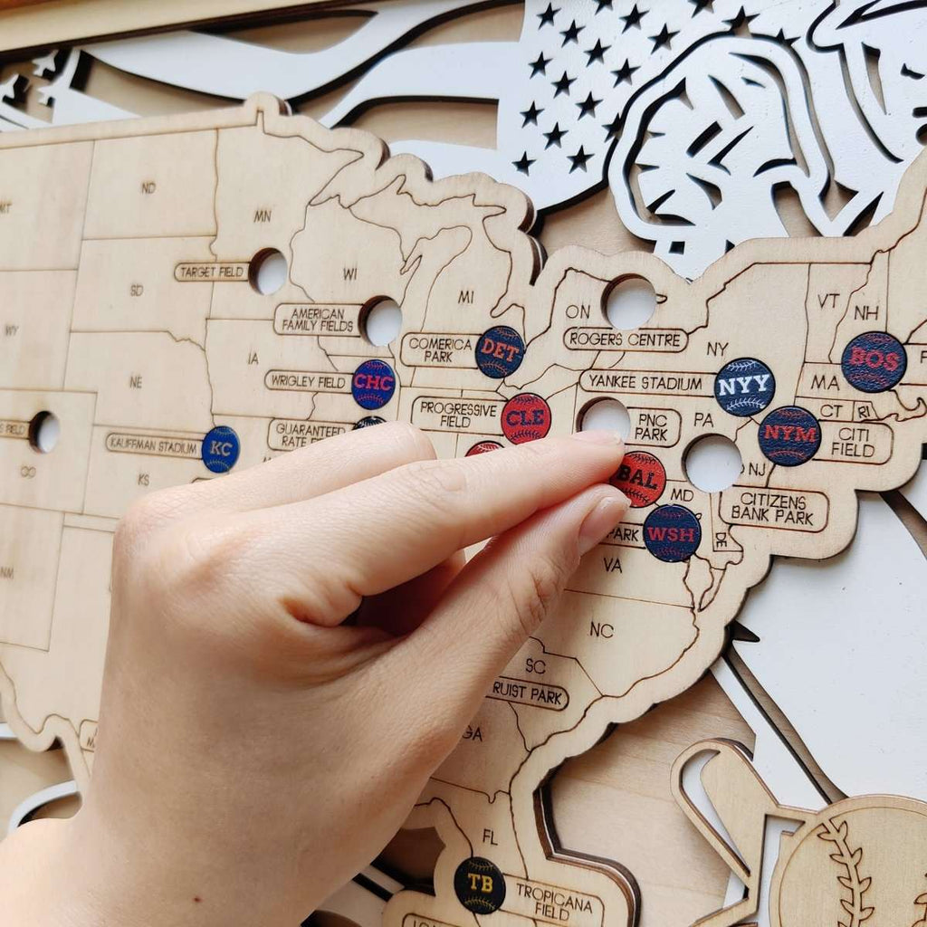 Personalized Wooden MLB Stadium Map with Engraved Nameplate & Colorful Team Pins - Mappae Pilot
