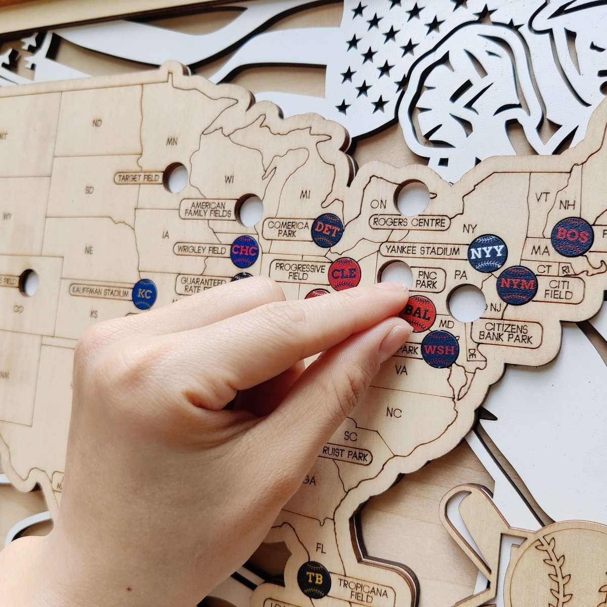 Personalized Wooden MLB Stadium Map with Engraved Nameplate & Colorful Team Pins - Mappae Pilot