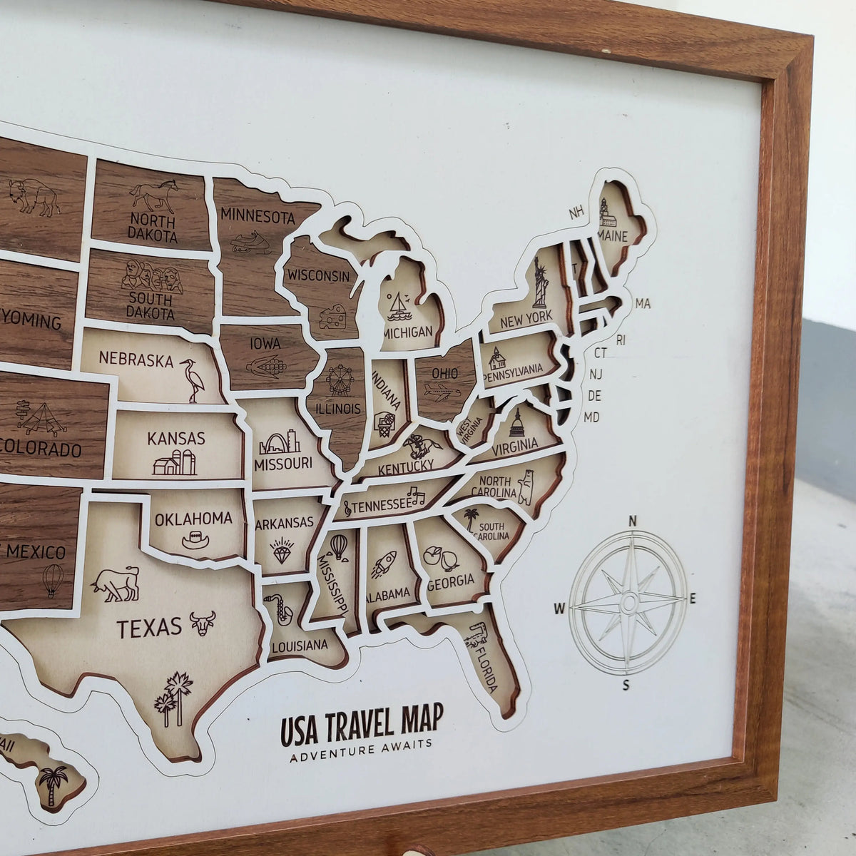 3D Wooden USA Puzzle Map Wall Art - 50 States Push Pin Travel Tracker Board