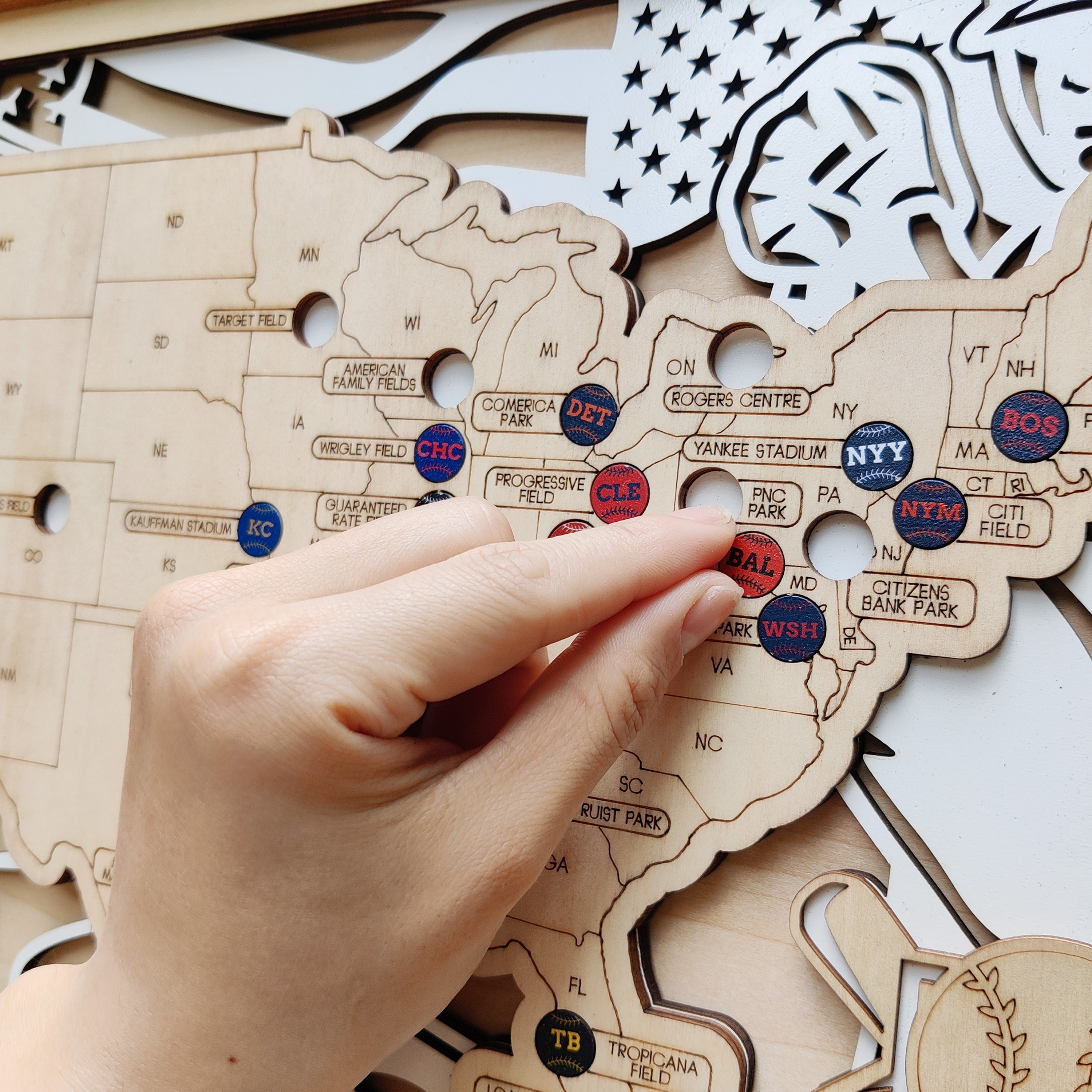 Personalized Wooden MLB Stadium Map with Engraved Nameplate & Colorful Team Pins