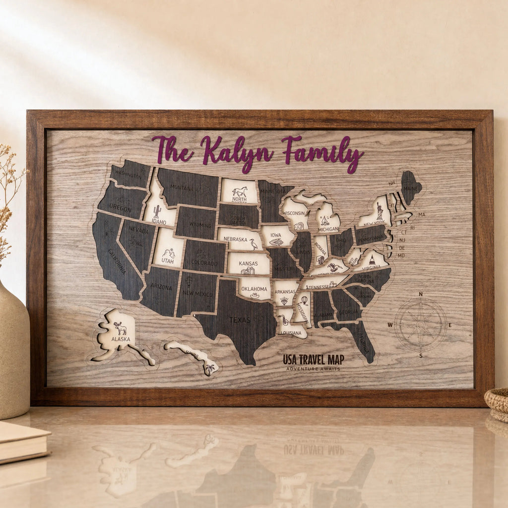 Wooden USA State Puzzle Travel Tracker Map - Add States as You Travel Board