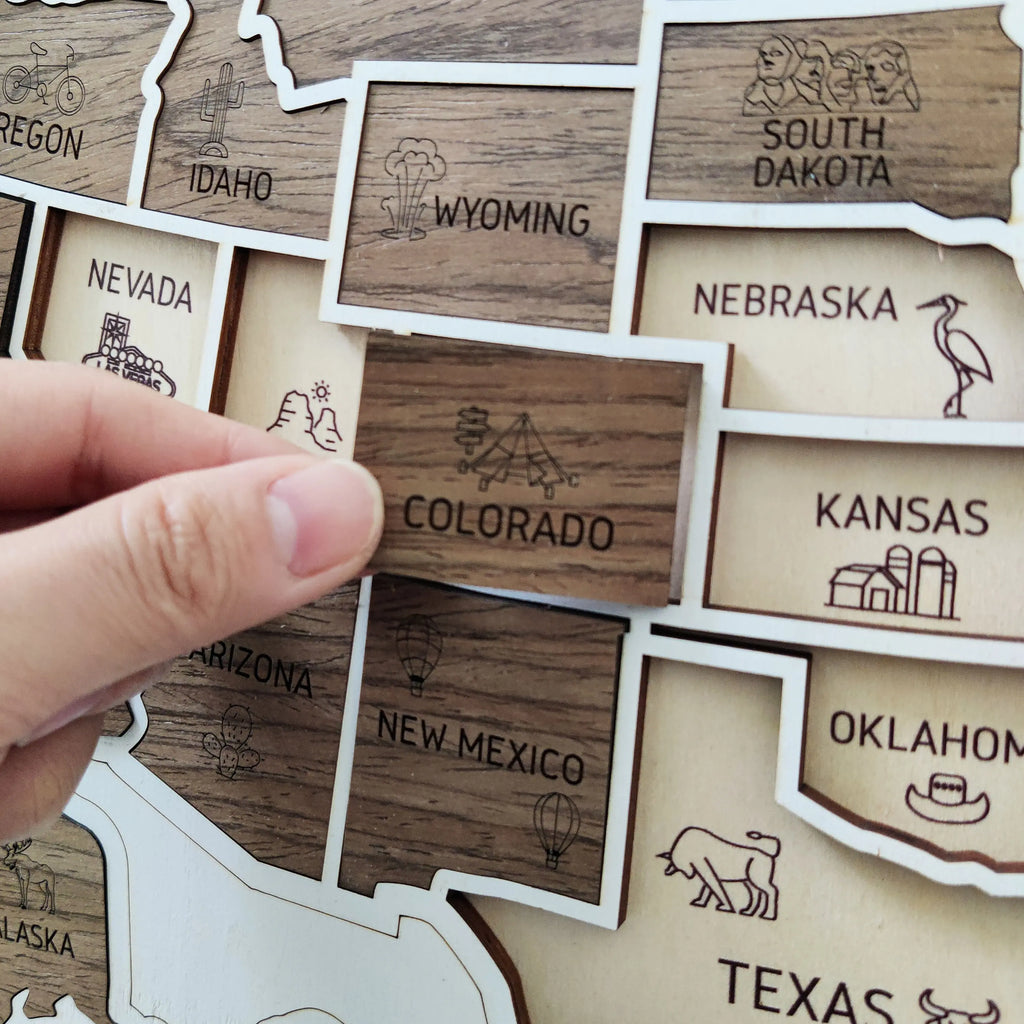 3D Wooden USA Puzzle Map Wall Art - 50 States Push Pin Travel Tracker Board