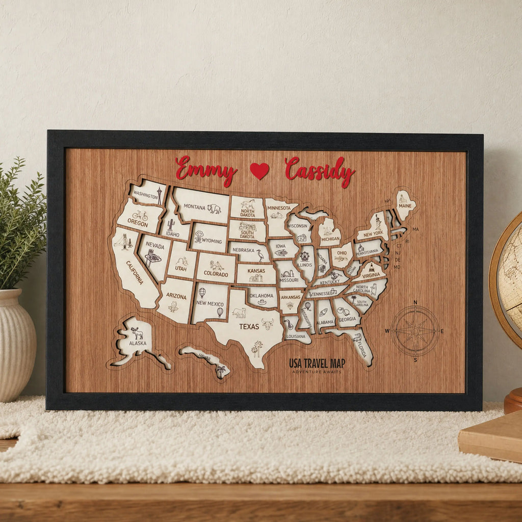 3D Wooden USA Travel Map - Personalized Road Trip Gift & RV Camper Wall Decor