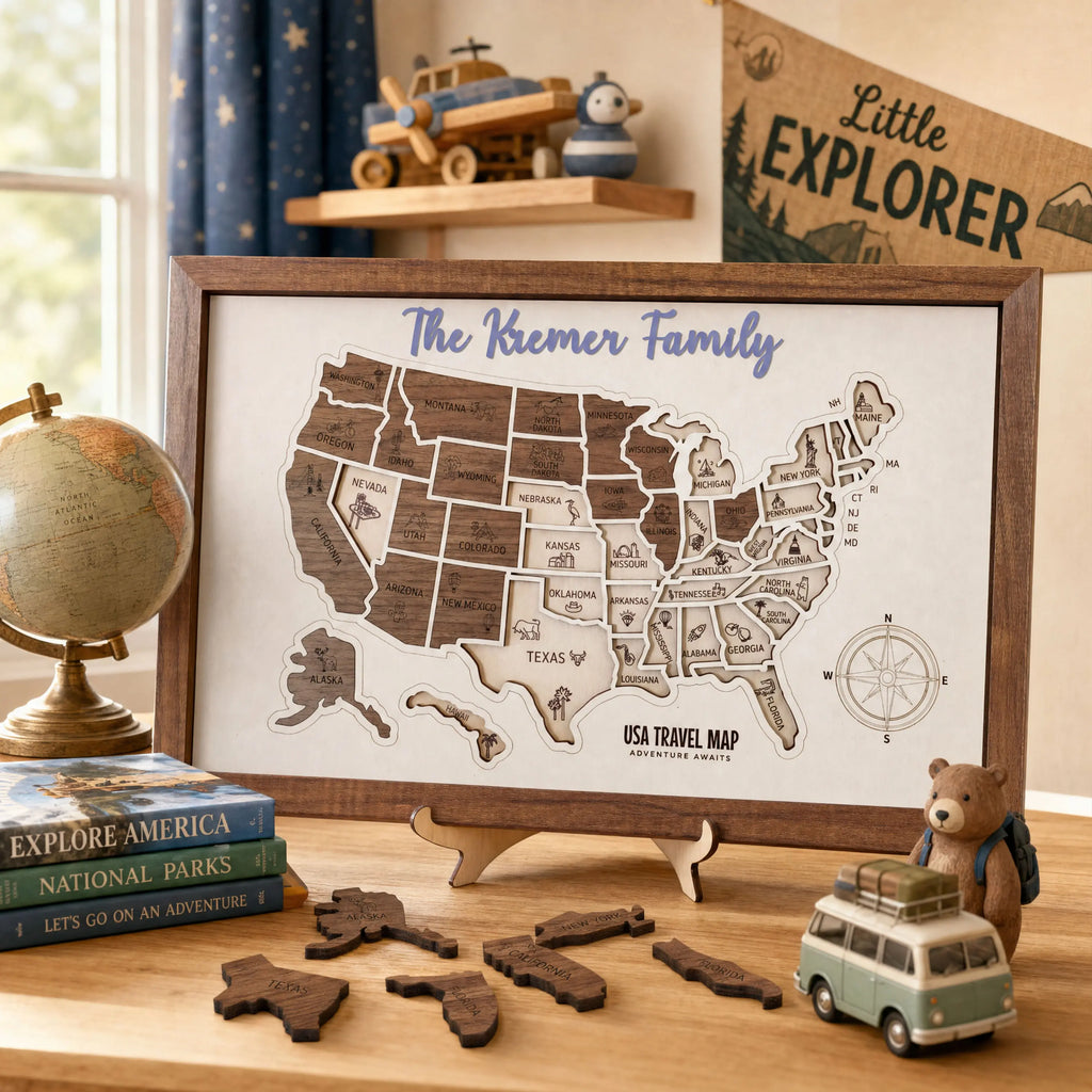 3D Wooden USA Puzzle Map Wall Art - 50 States Push Pin Travel Tracker Board