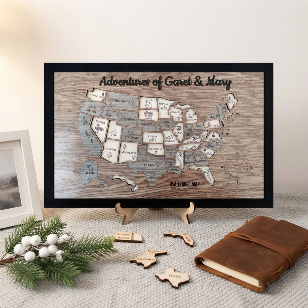 Wooden USA State Puzzle Travel Tracker Map - Add States as You Travel Board