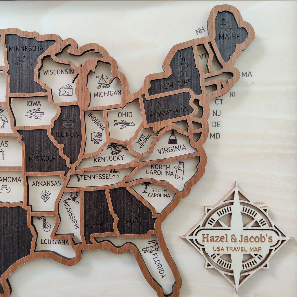 Custom Wooden US Map for States Visited – 50 States Travel Tracker Board & Puzzle