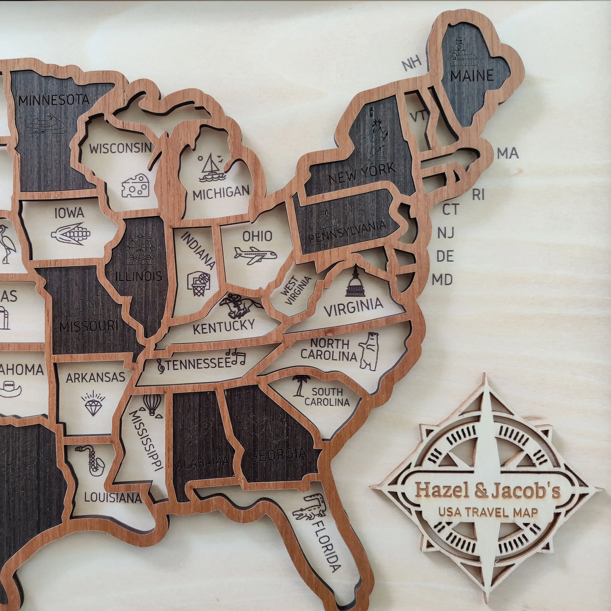 Custom Wooden US Map for States Visited – 50 States Travel Tracker Board & Puzzle