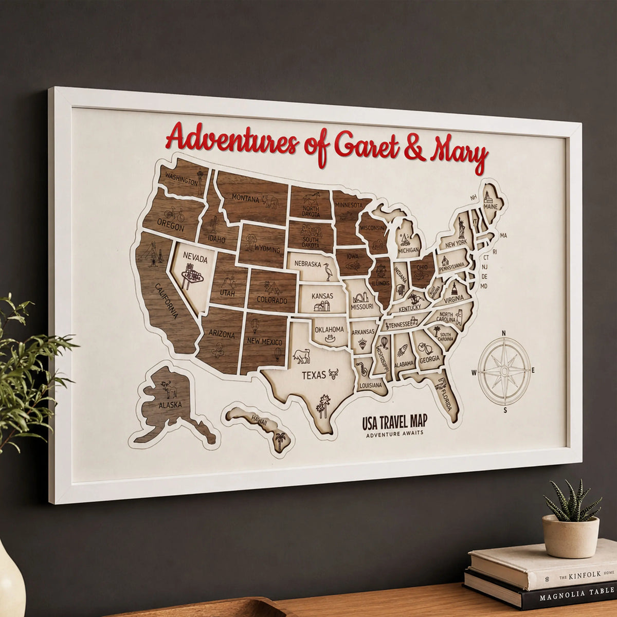 3D Wooden USA Puzzle Map Wall Art - 50 States Push Pin Travel Tracker Board