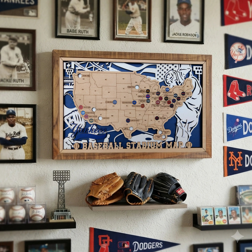 Custom Team Color Wooden MLB Stadium Map with Team Pins