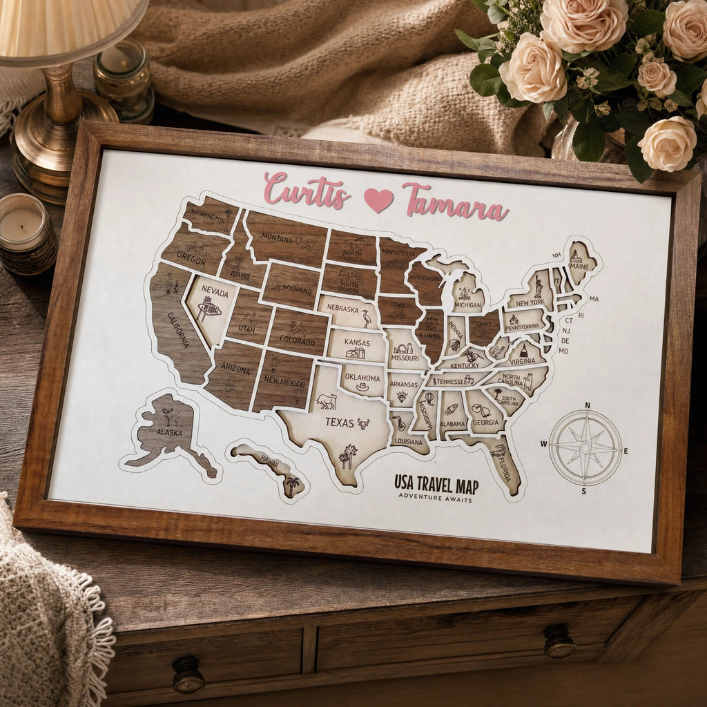 3D Wooden USA Puzzle Map Wall Art - 50 States Push Pin Travel Tracker Board