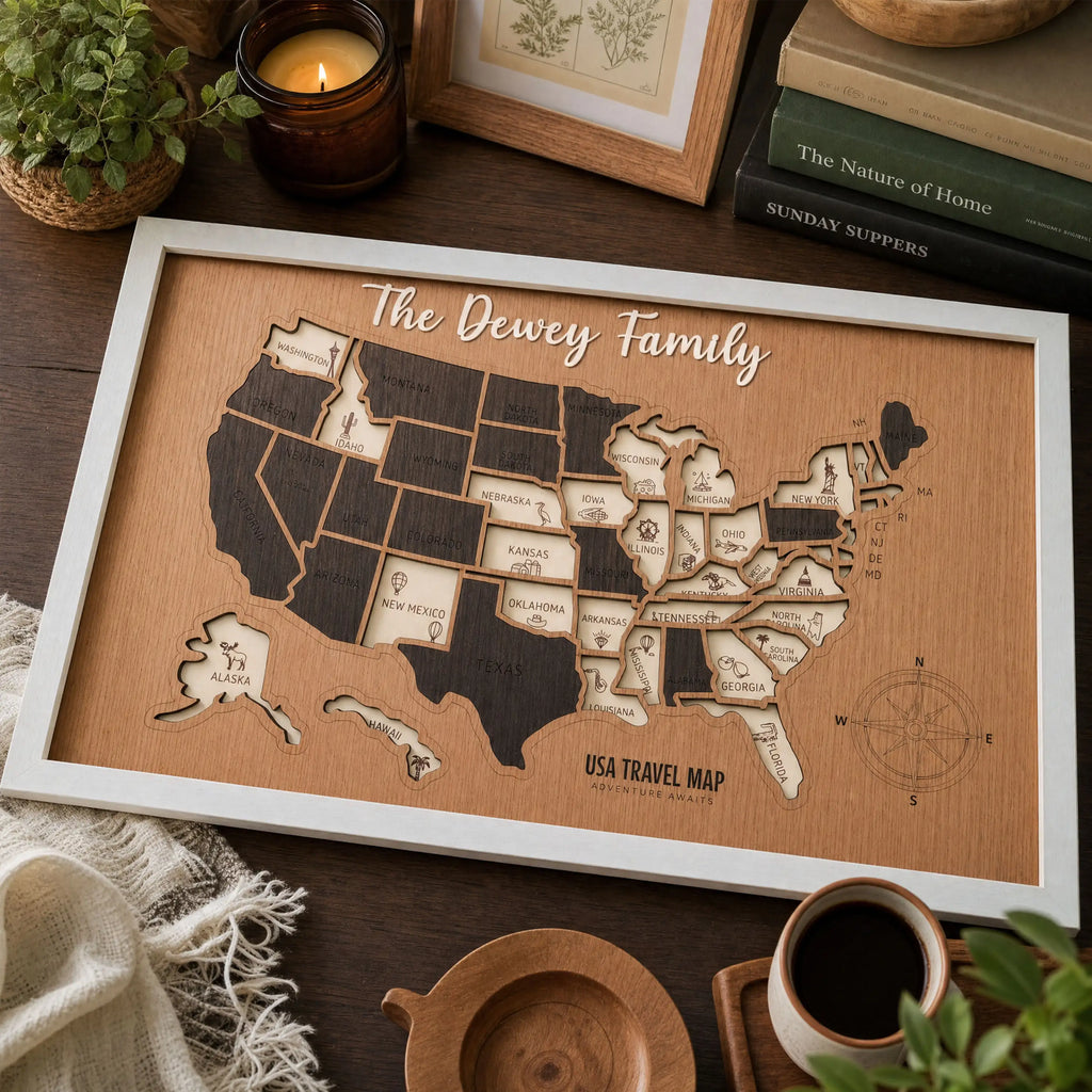 3D Wooden USA Travel Map - Personalized Road Trip Gift & RV Camper Wall Decor