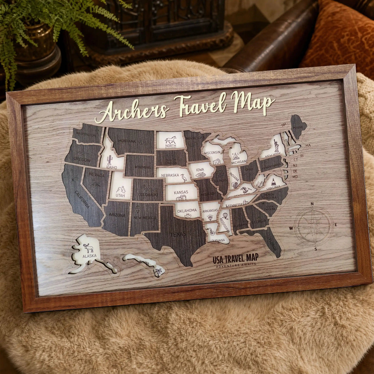 Wooden USA State Puzzle Travel Tracker Map - Add States as You Travel Board