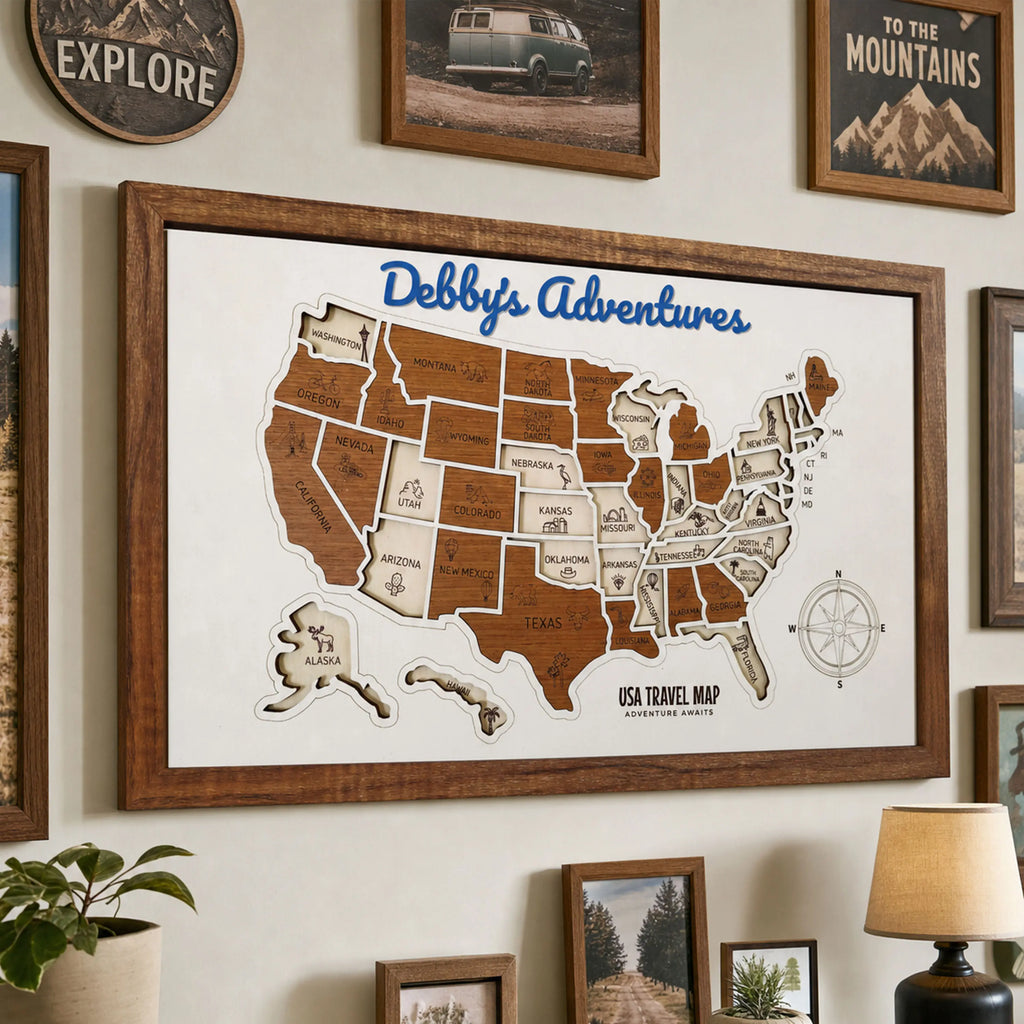 3D Wooden USA Puzzle Map Wall Art - 50 States Push Pin Travel Tracker Board