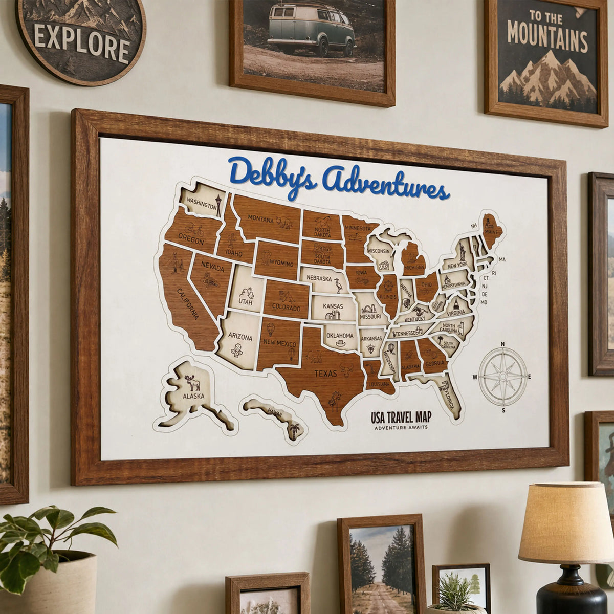 3D Wooden USA Puzzle Map Wall Art - 50 States Push Pin Travel Tracker Board