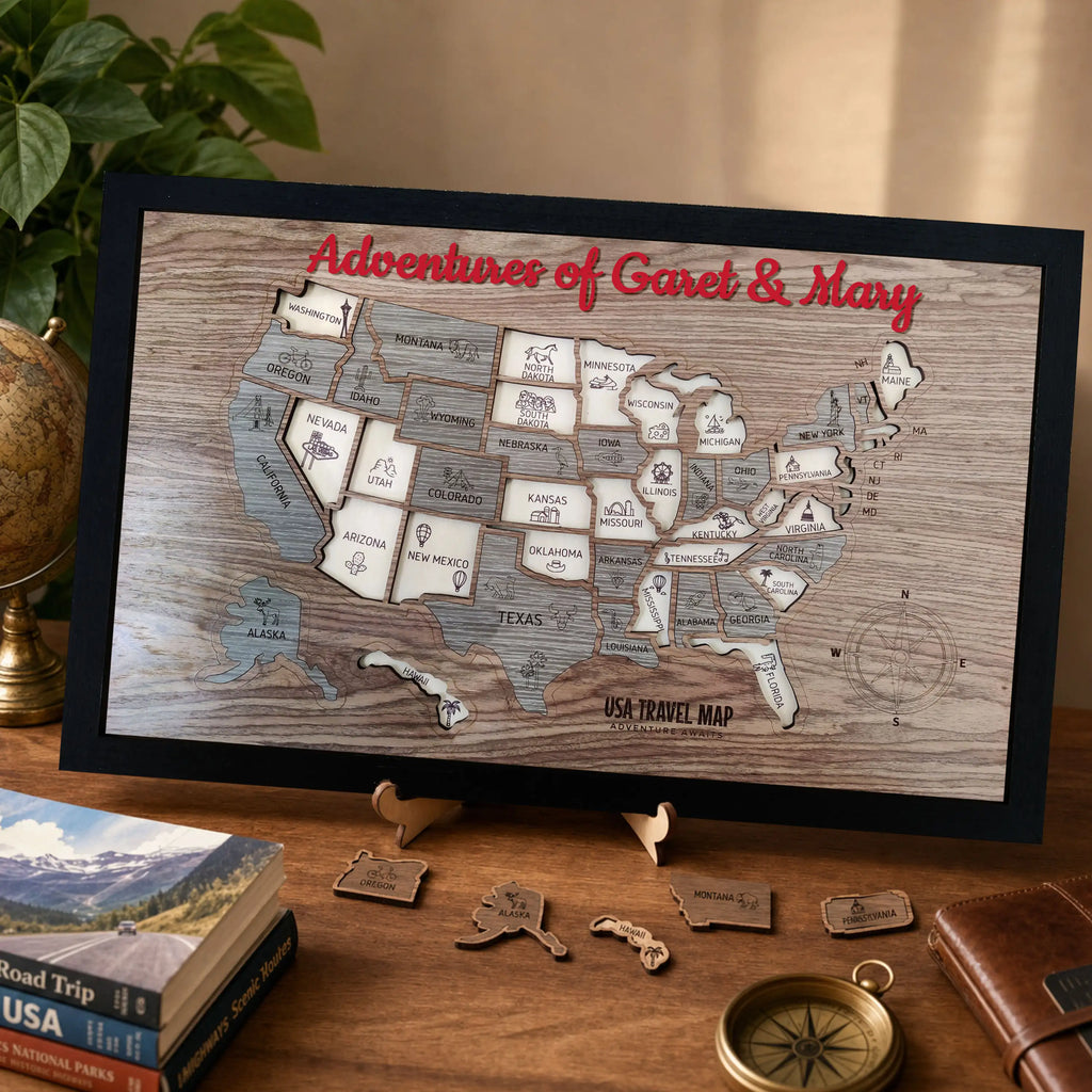 Wooden USA State Puzzle Travel Tracker Map - Add States as You Travel Board