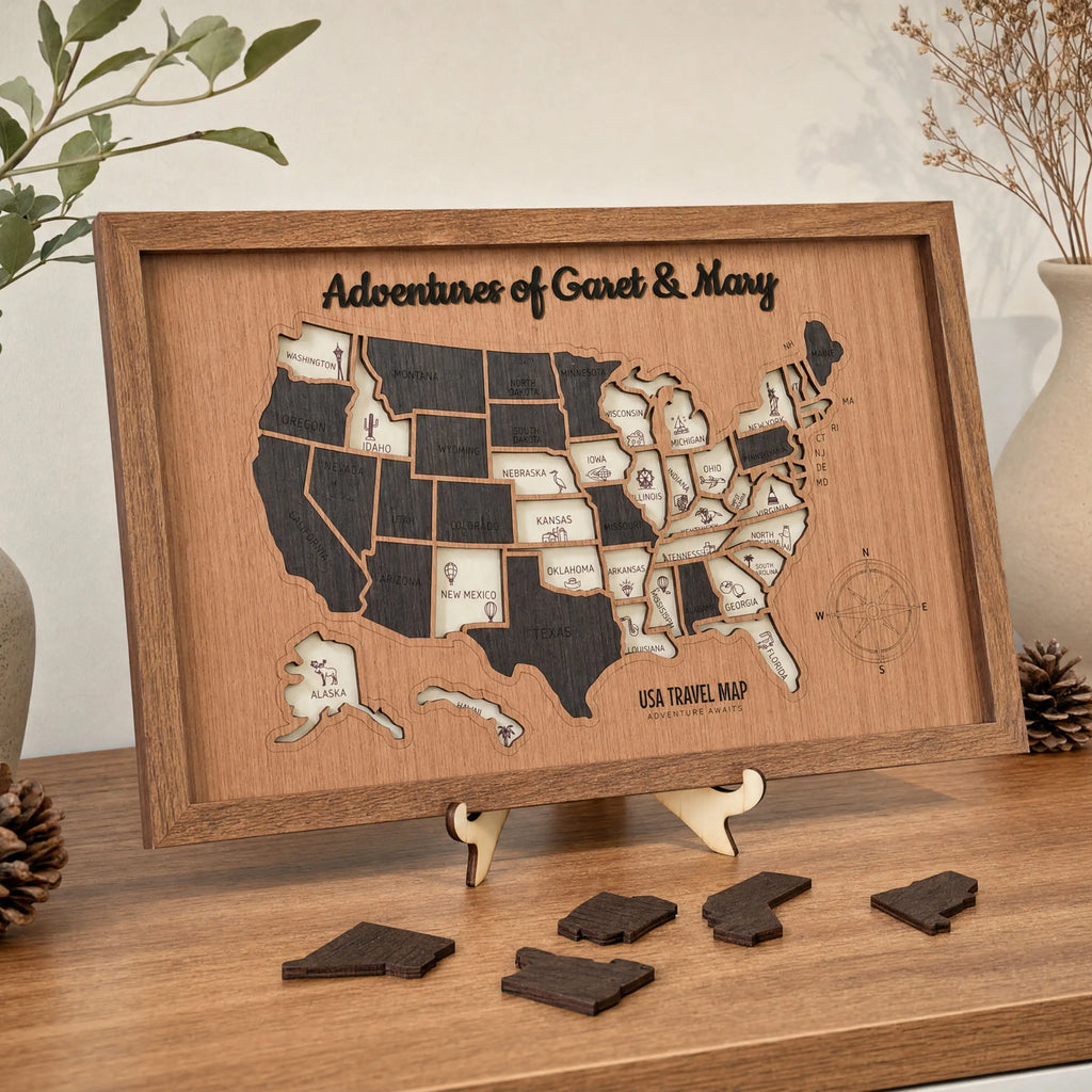 3D Wooden USA Travel Map - Personalized Road Trip Gift & RV Camper Wall Decor