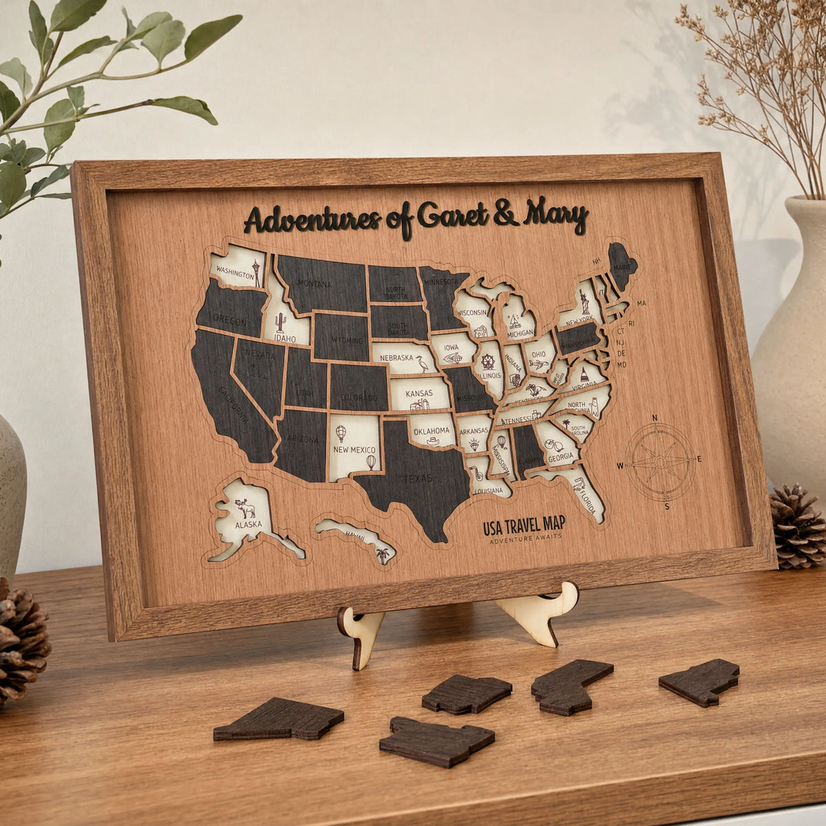 3D Wooden USA Travel Map - Personalized Road Trip Gift & RV Camper Wall Decor