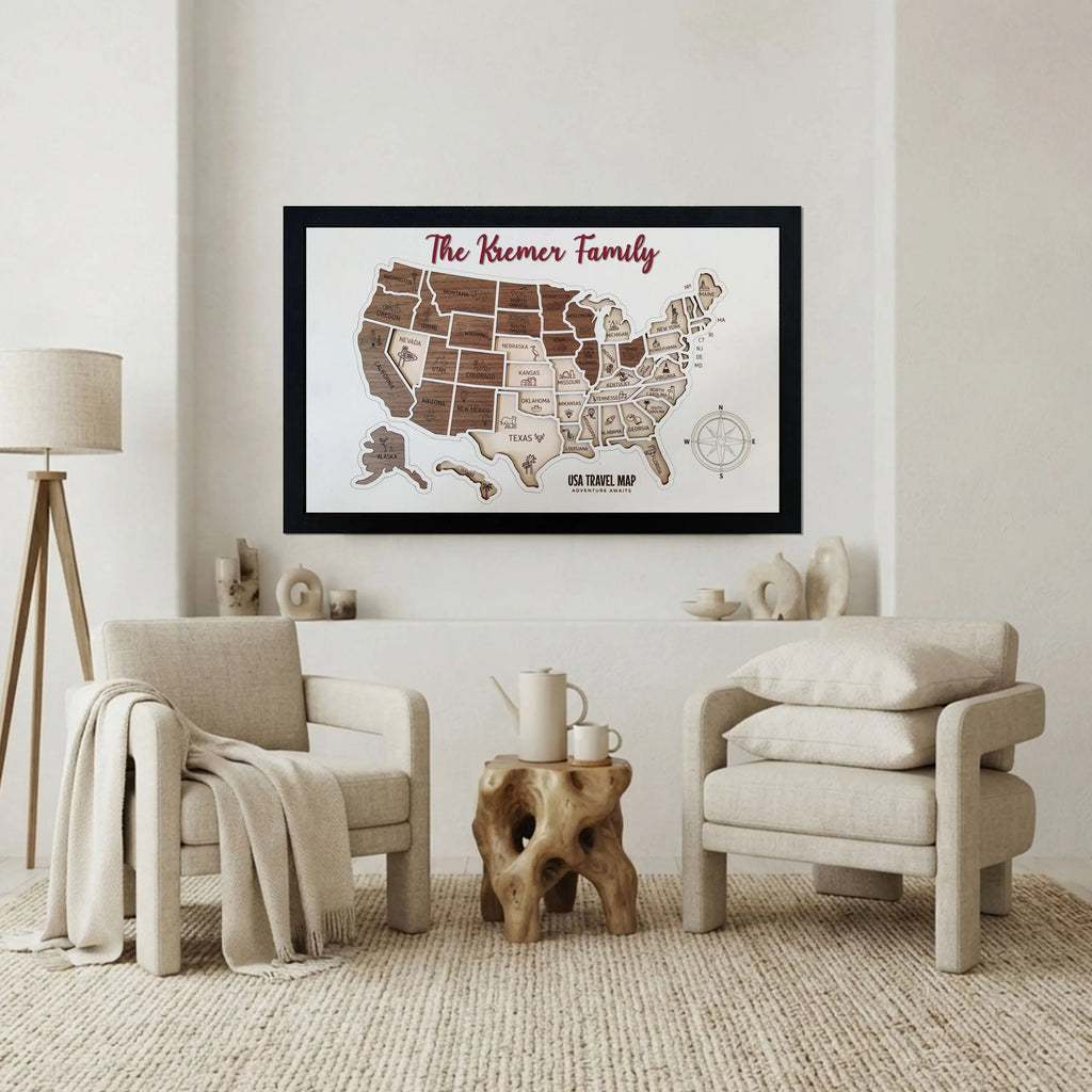3D Wooden USA Puzzle Map Wall Art - 50 States Push Pin Travel Tracker Board
