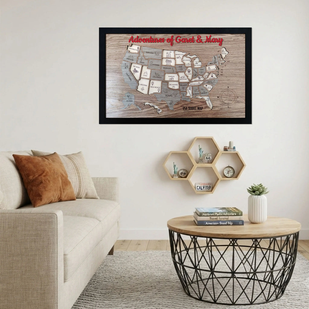 Wooden USA State Puzzle Travel Tracker Map - Add States as You Travel Board