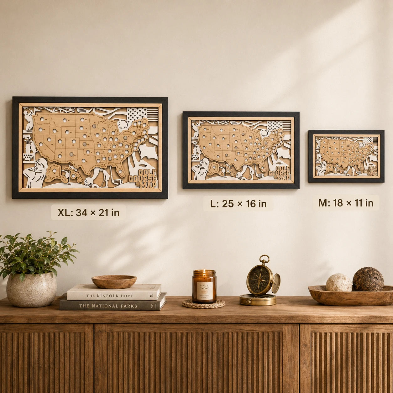 Personalized Golf Course Tracker Map – Natural Wood Background
